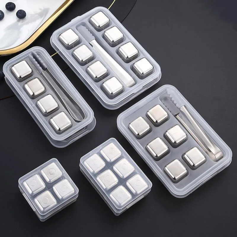 4/6/ Stainless Steel Ice Cubes Set Reusable Chilling Stones for Whiskey Wine Cooling Cube Rock Party Bar Tool