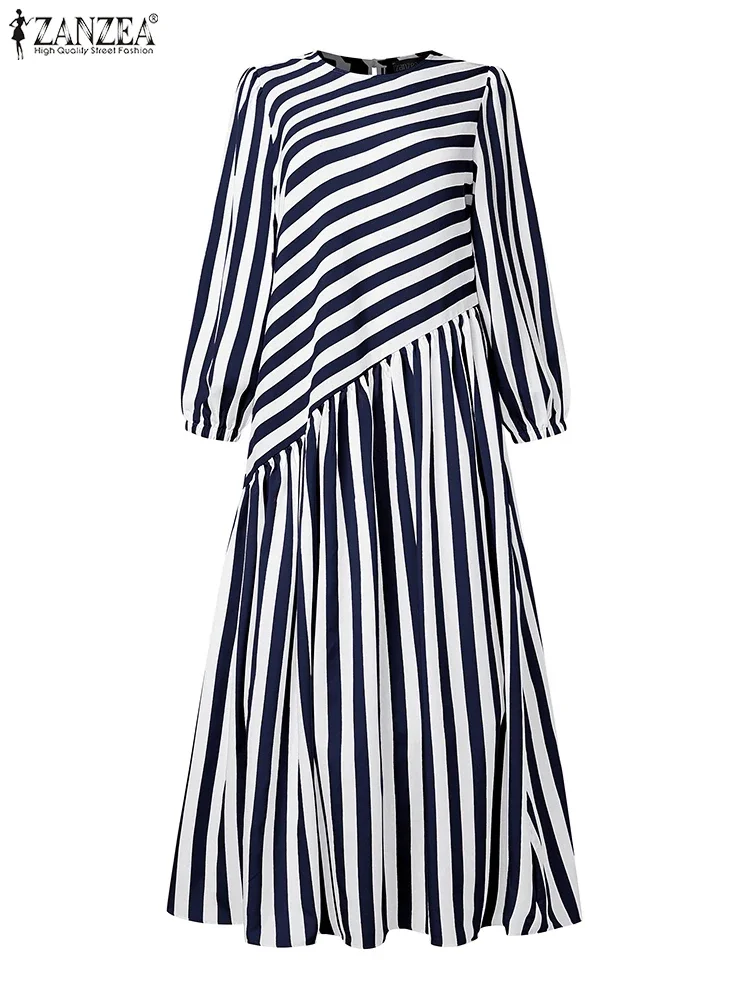 ZANZEA 2025 Autumn Stripe Dress Stylish Women Dresses Muslim Abaya Robe Femme Elegant Long Sleeve Loose Sundress Vestidos Kaftan