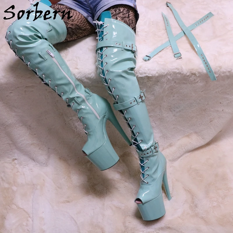 Sorbern Mint Green Peep Toe Pole Dance Boots For Women Stripper High Heels 20Cm Lace Up Multi Straps Custom Leg Shoes