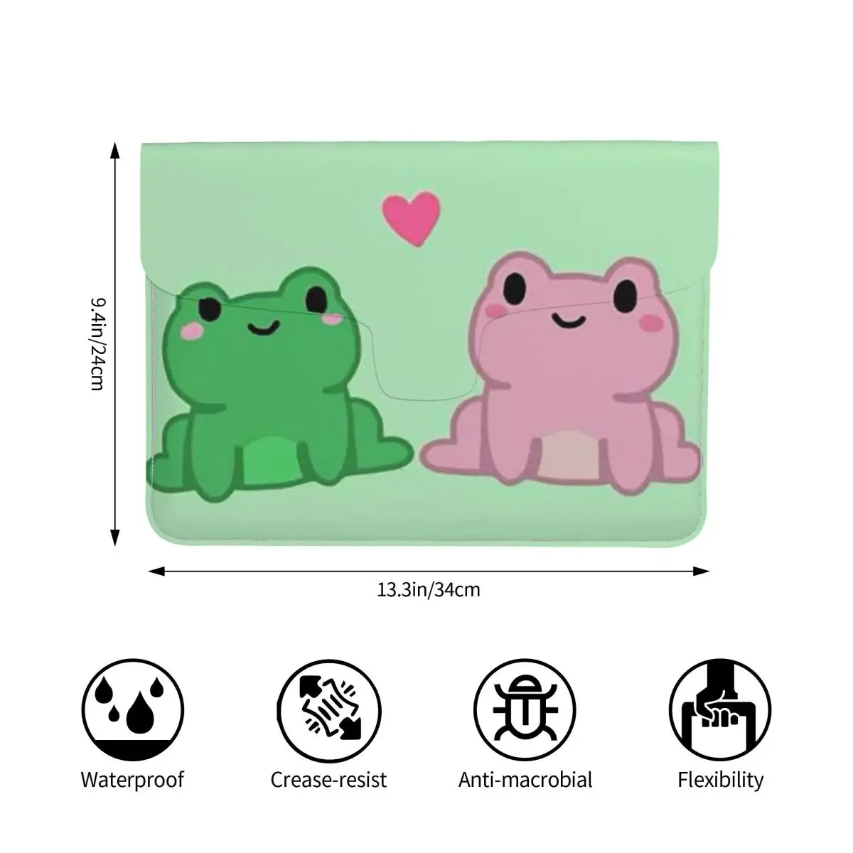 Two Frog Love Heart Cartoon PU Leather Horizontal Laptop Sleeve Shockproof Soft Lining Notebook Case 13 Inch