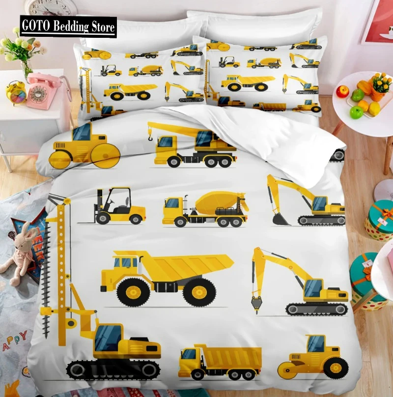 3D Print Excavator, Engineering Vehicle Bedding Set Kids Teenagers Winter Duvet Cover Set Bedroom Bed Linens Boys High-quality