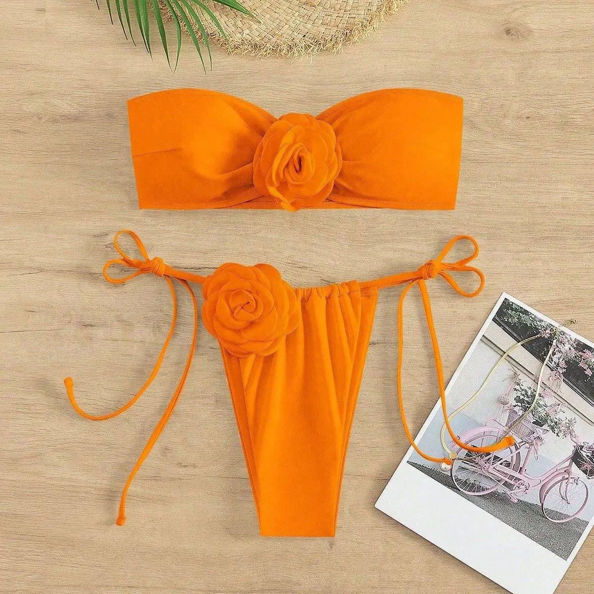 

2024 New 3D Flower Orange Women's Swimsuit,solid Color 2-piece Strapless Mini Bikini,sexy Low Waist Thong Lace-up Bathing Suit