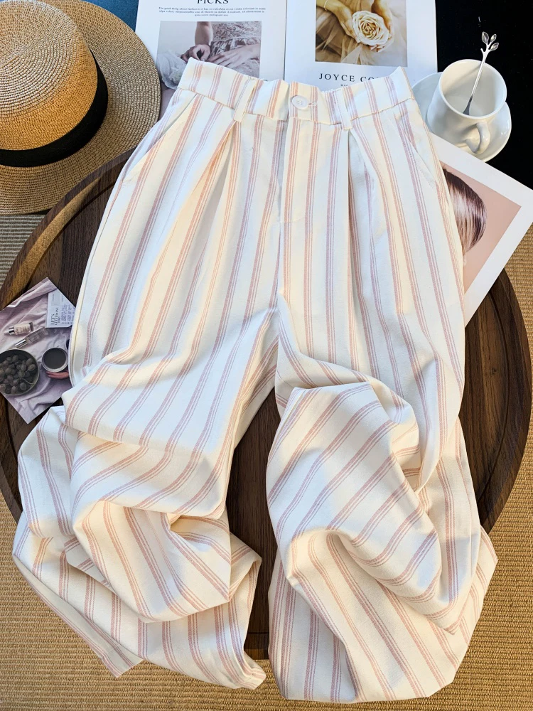 ピンクのストライプ柄スーツパンツ レディース 春夏 オフィスレディー ゆったり ワイドレッグパンツ ハイウエスト カジュアル シンプル 可愛い ストレートパンツ 新作