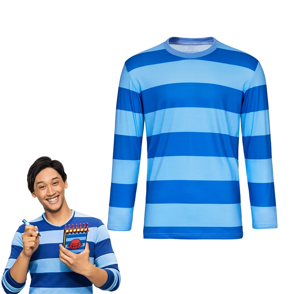 Josh Cosplay Blue Striped Shirt Blue's Clues Costume Adult Men Casual Basic Long Sleeve T-shirt Carnival Party Daily Top