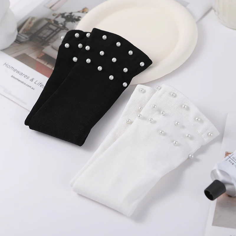 Harajuku White Socks For Women Japanese Fashion Pearl Decoration Long Socks Korean Style Womens Pearls Socken Meias Feminina