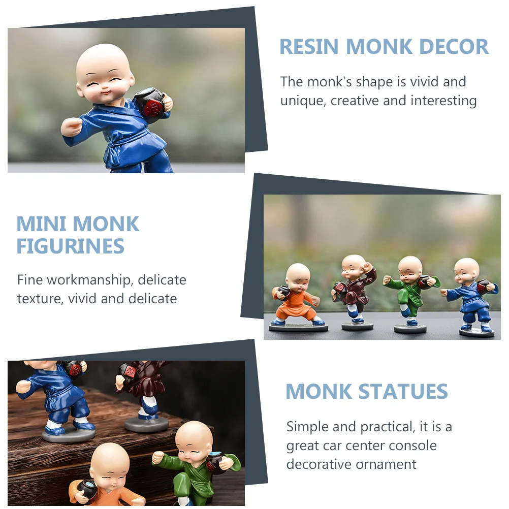 

4pcs Mini Monk Figurines Resin Car Ornament Decor Creative Desktop Statue For Home Office Desk Car Dashboard Decoration