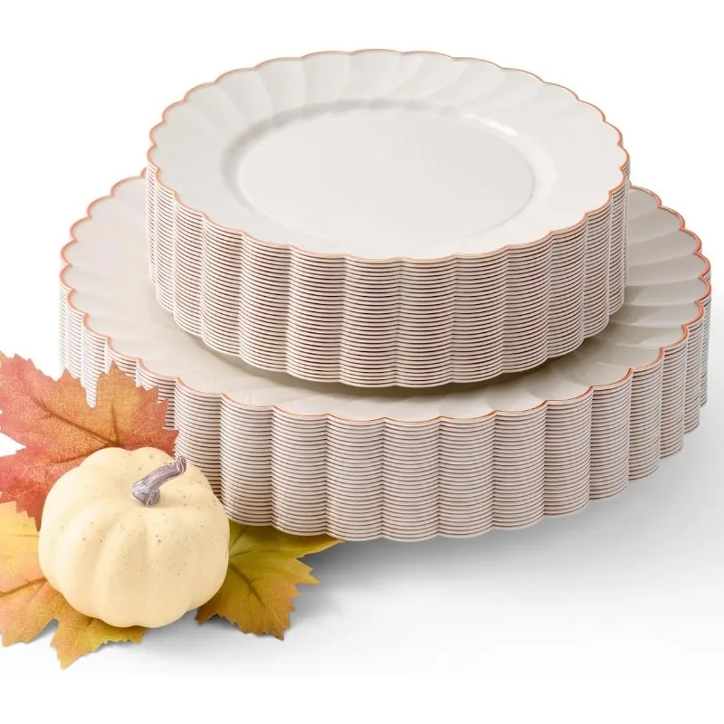 HEAVYWEIGHT 60 PC Scalloped Ivory and Gold Plates | Perfect Thanksgiving Plates, Fall Plates and Friendsgiving Plates