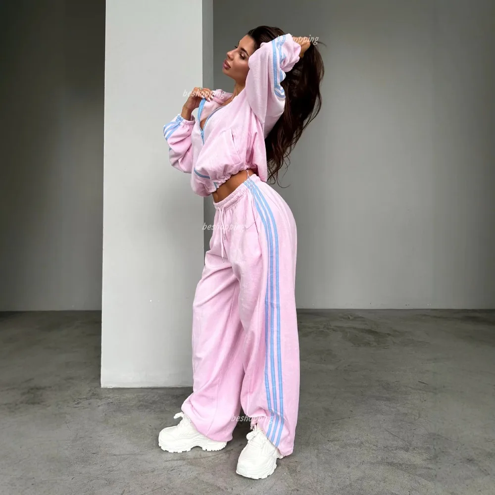 Trend Contrasting Pleuche Hooded Straight Pants Suit Autumn and Winter Women's Street Style Thick Warm Zipper Jacket Pants 2Pcs