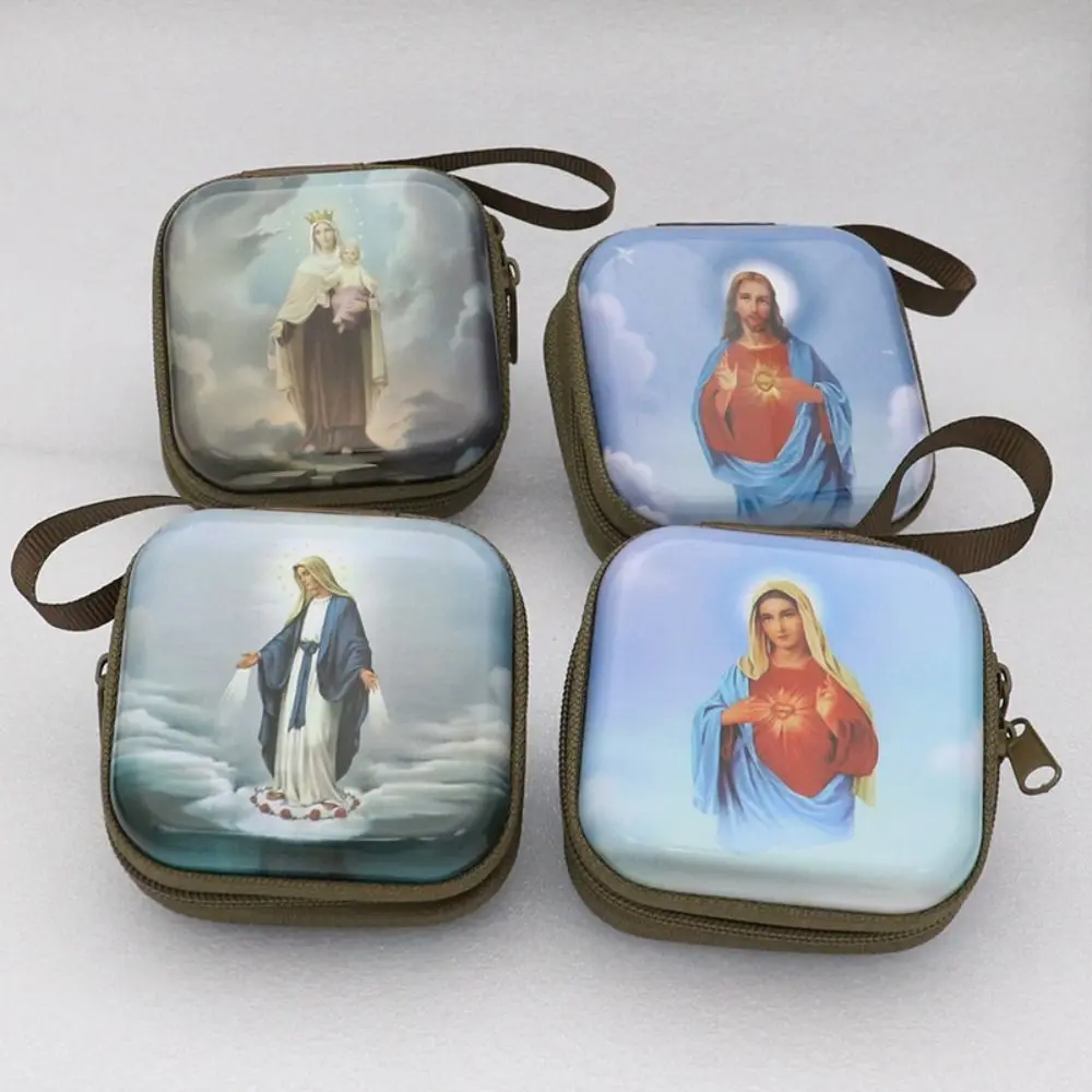 Virgin Mary Prayer Rosary Storage Bag Iron Artwork 7x7cm Religious Articles Elegant Zippered Religious Jewelry Box