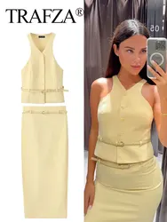 TRAFZA Female Set Yellow V-Neck Sleeveless Belt Sngle Breasted Top+High Waist Pocket Belt Skirts Summer Suit Woman 2024 Trendy