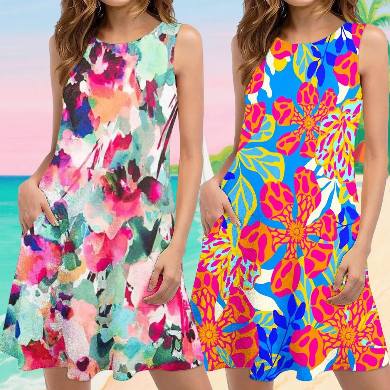 الصيف/الخريف المرأة موضة الشارع الترفيه في الهواء الطلق فستان تي شيرت عطلة الشاطئ زهرة مطبوعة بلا أكمام فستان مستقيم الركبة