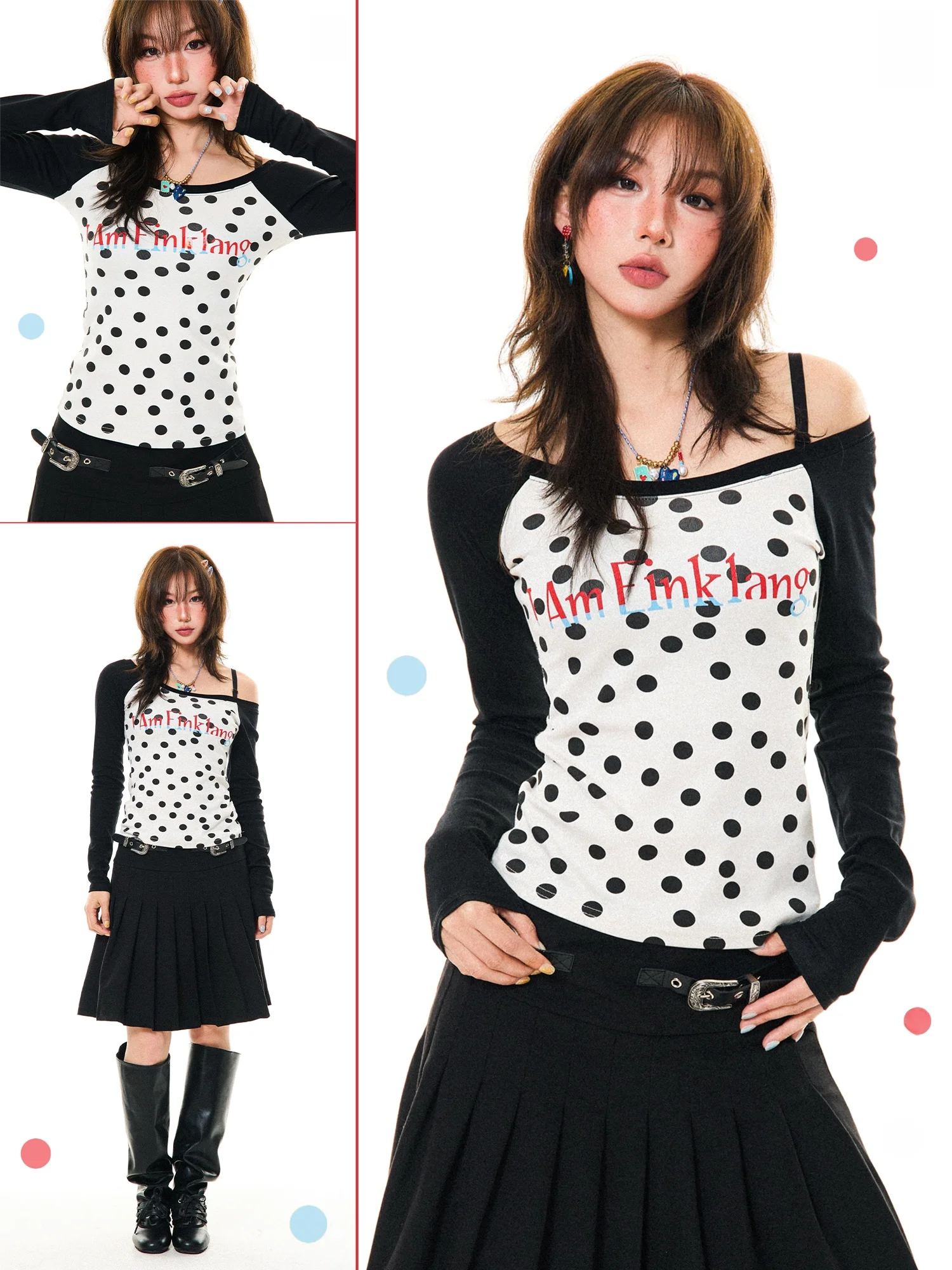 

Young Stage Polka Dot Color Block Long Sleeve Short T-Shirt Women Spring Slim Fit Shoulder Bared Classic Style Cotton Blend