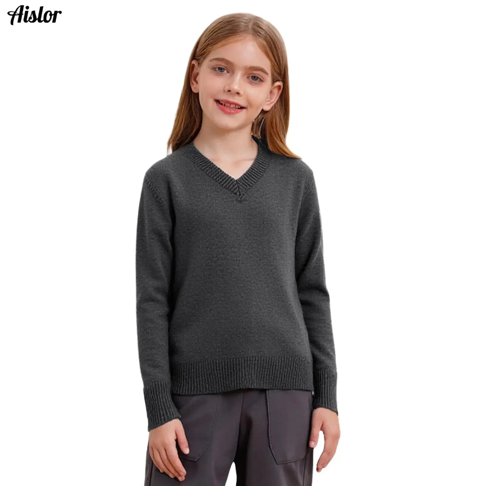Kids Boys Girls Sweater Casual T-shirt V-Neck Long Sleeve Solid Color Soft Knitted Pullover Tops for School Homewear Undershirt