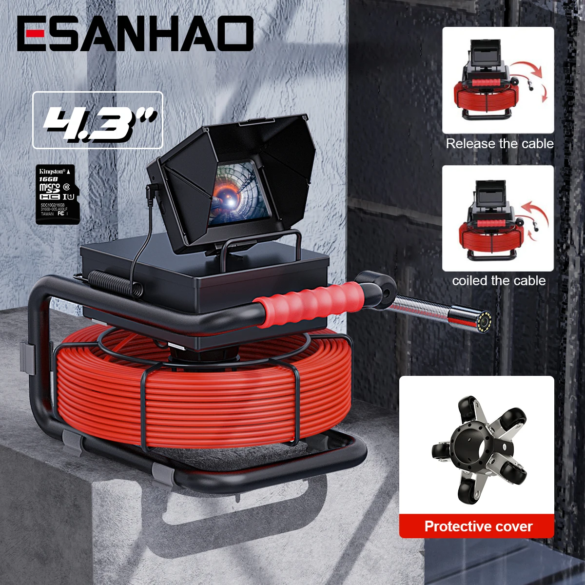 كاميرا المنظار المجاري 4.3 بوصة مع DVR، كاميرا فحص الأنابيب 17/22 مم HD 1000TVL كاميرا استنزاف مقاومة للماء مع بطاقة 16 جيجابايت