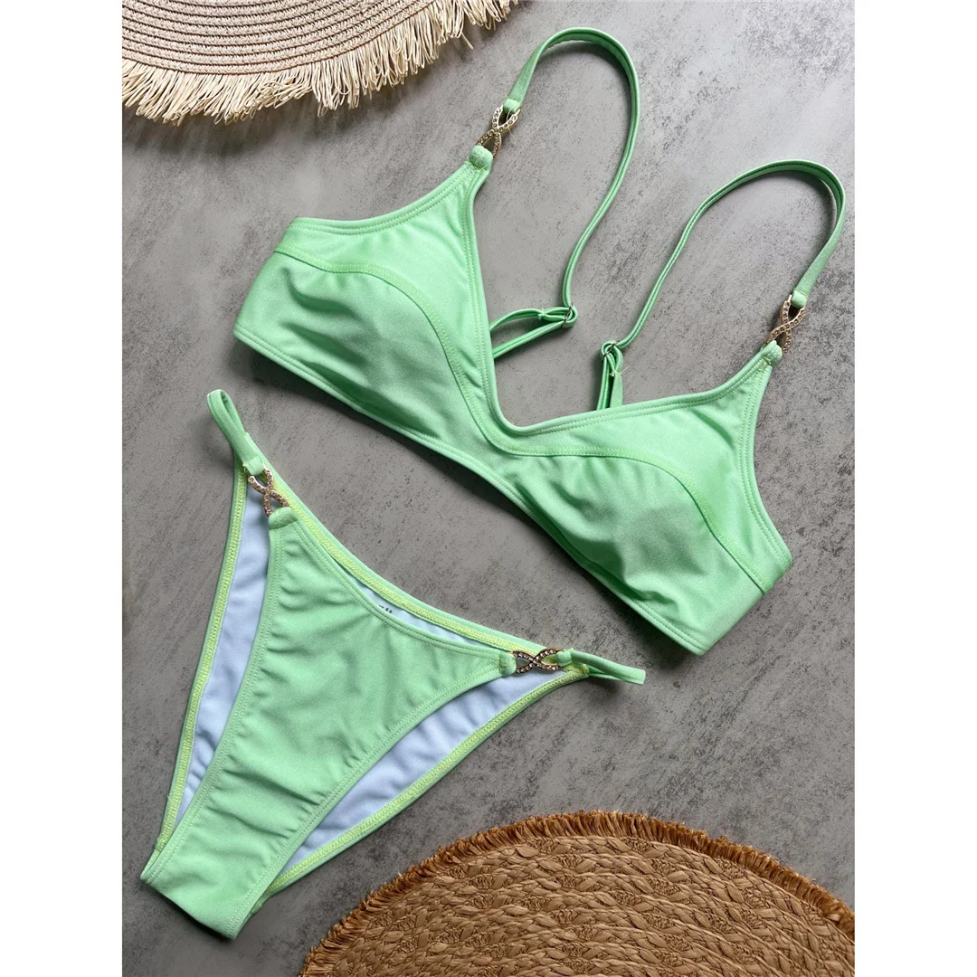 10 Farben, V-Ausschnitt, mit Strasssteinen verzierter Bikini, Damen-Badeanzug, zweiteiliges Bikini-Set, gepolsterter Badeanzug, Badebekleidung, Modell V8138. – Detail 14