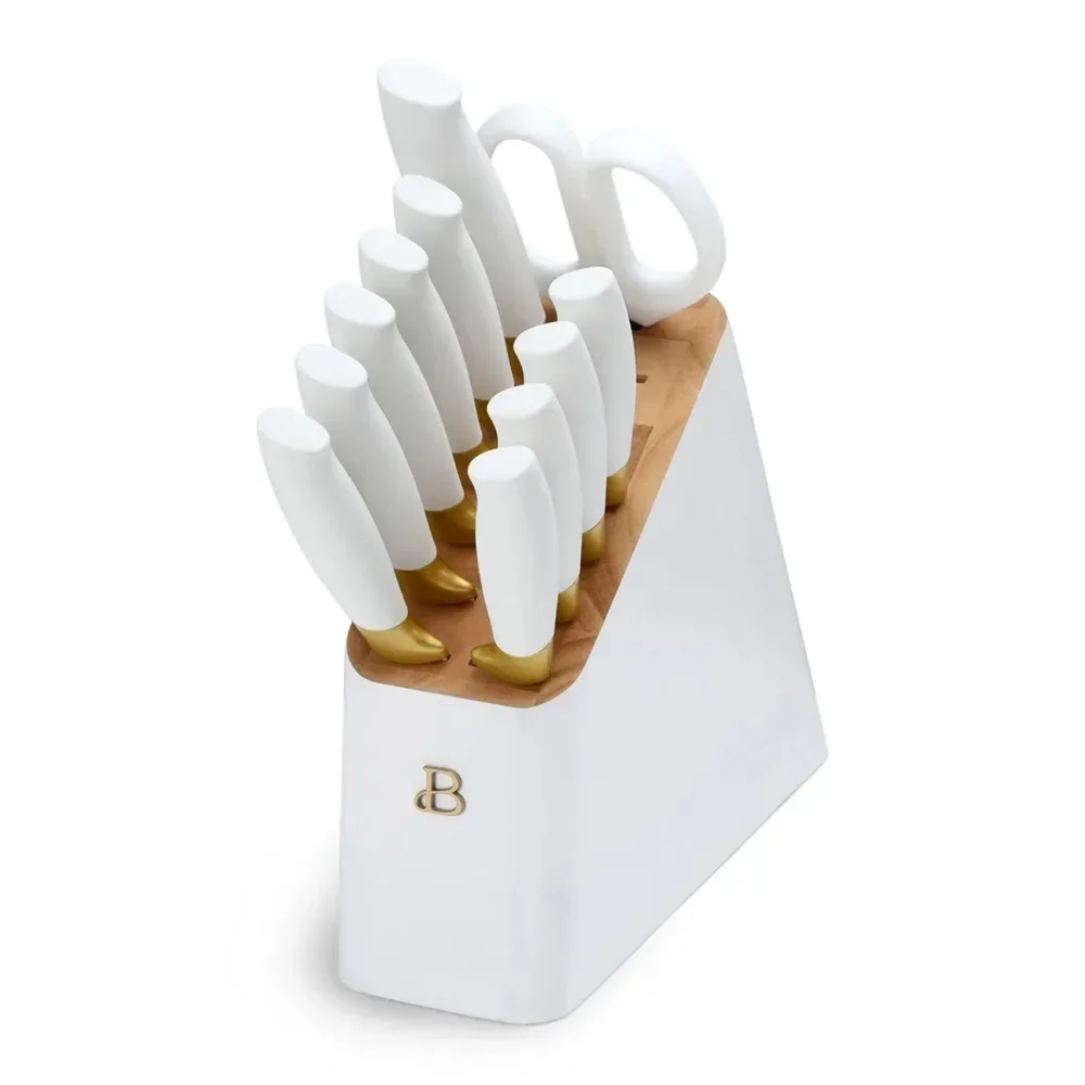 Beautiful 12 Piece Knife Block Set with Soft-Grip Ergonomic Handles White and Gold by Drew Barrymore