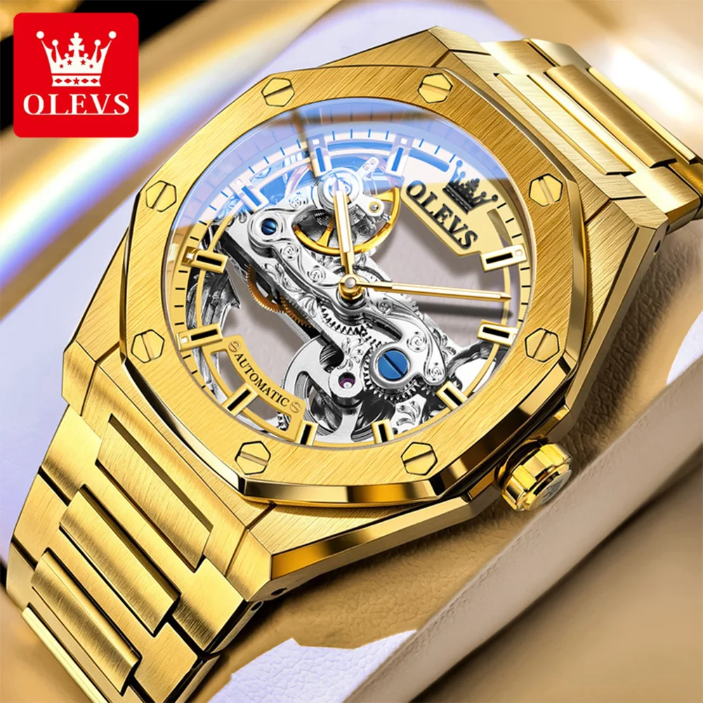 OLEVS Brand High Quality Original Fully Skeleton Mechanical Watches Mens Luxury Stainless Steel Men Automatic Watch Men Gifts