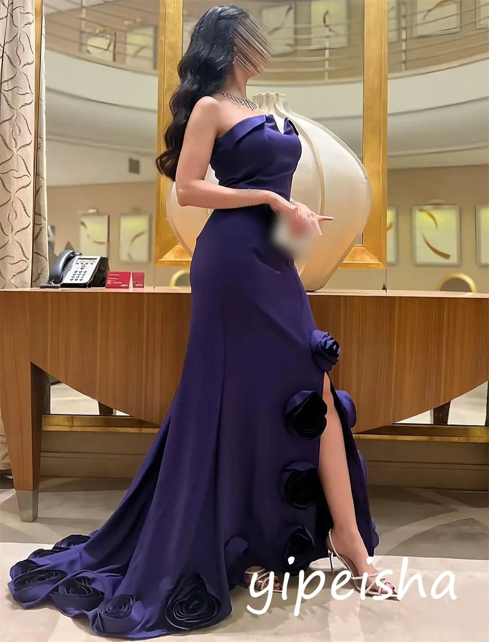 カスタマイズされたクラシックな絶妙なジャージフラワープリーツトランペットストラップレスロングドレスオーダーメイドの機会ファッション