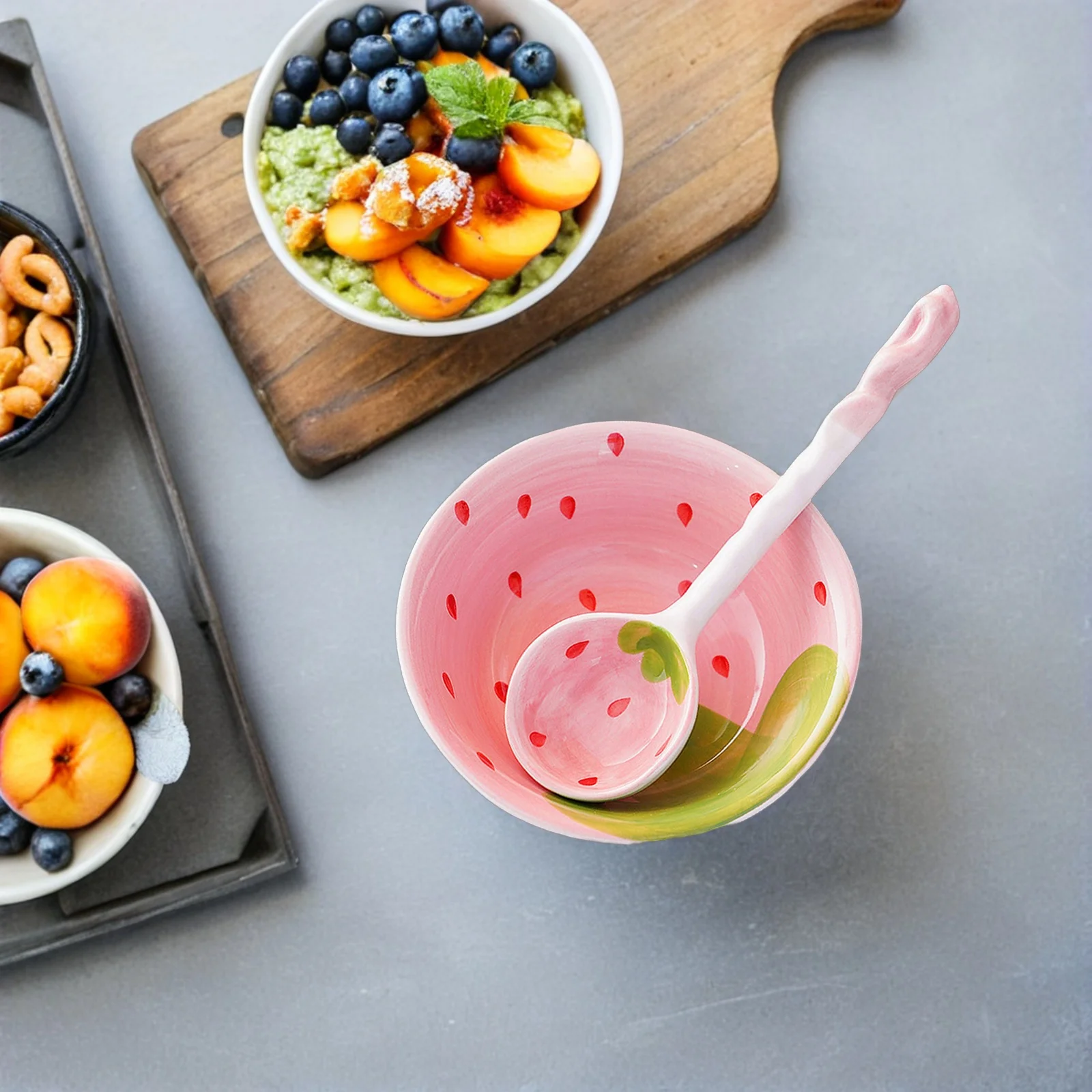 

Fruit Bowl for Kitchen Counter with Spoon Soup Bowls Cute Cereal Decorative Ceramic