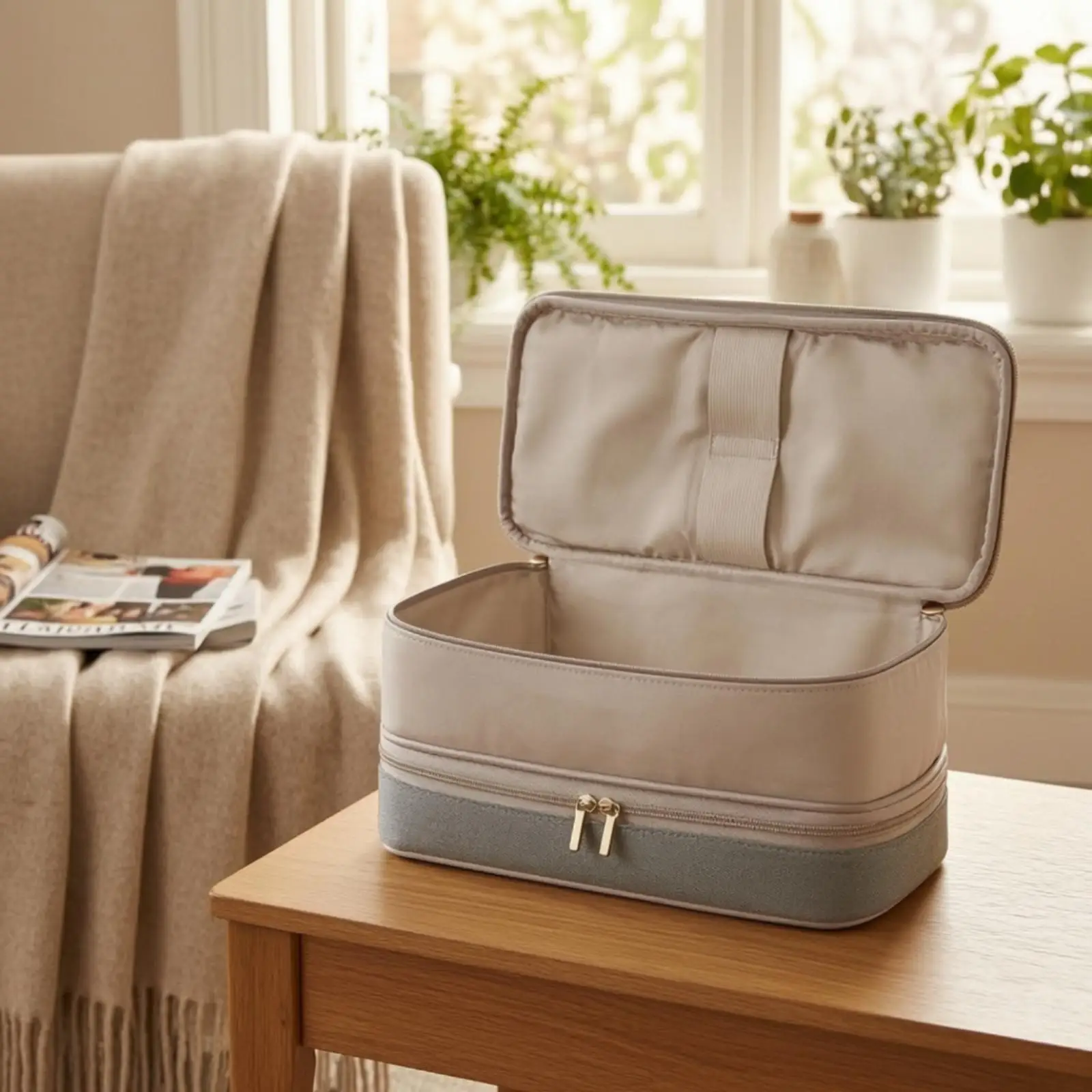 PU Leather Travel Case with Carry Handle Portable Double-Layer Hair Styling Tool Case Compact Padded Zippered Organizer with