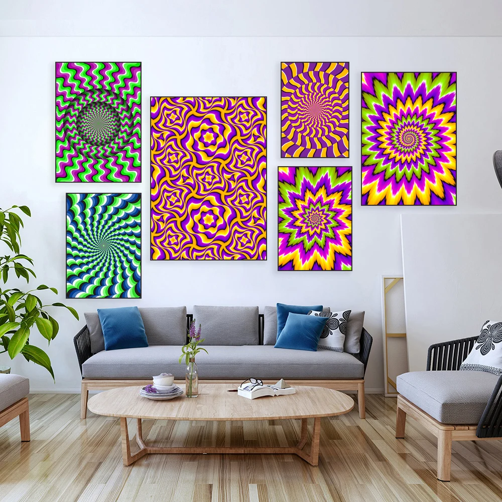 Psychedelic op art hypnotic concentrated prints, colorful spirals, optical illusion prints, trance carnival aesthetic posters