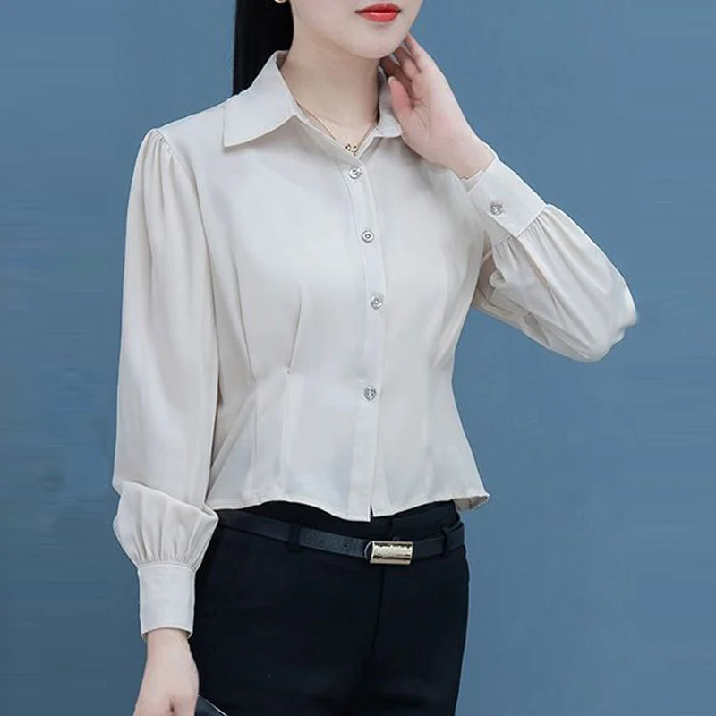 Elegant Korean Fashion Office Lady Business Casual Button Up Shirts Simple Solid Slim Long Sleeve Tops Blouses for Women Clothes