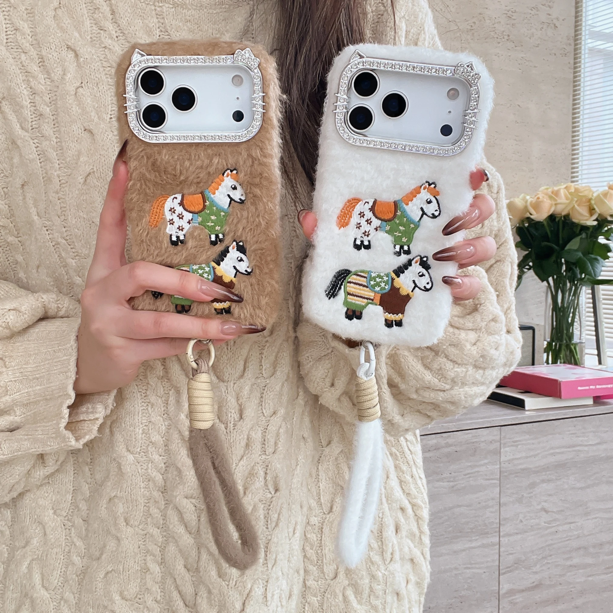 

Cute Cartoon Plush Bunny Case for iPhone 17 Pro Max Air 16 15 14 Diamond KT Ring Horse Wine Autumn Winter Protective Cover Strap