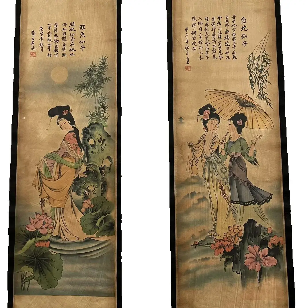 China Celebrity  Old Scrolls Blue Wave Fairy Picture Four Screen Painting,Wall mounted painting Artwork for Home collectibles