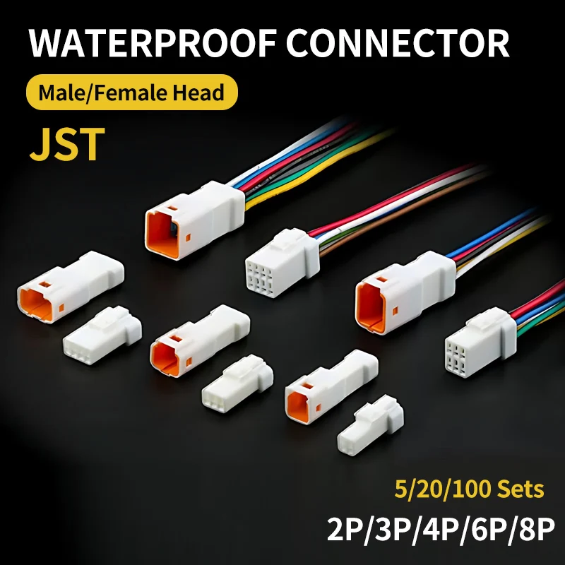 

5/20/100sets Waterproof Jst Connector 2p/3p/4p/6p/8p Connector Plug Socket With 20awg/0.5m ² Wire Harness 02t/02r/03t/03r