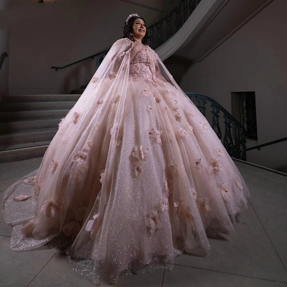 Lorencia-vestido De quinceañera con flores en 3D, traje De baile con purpurina rosa, apliques De capa, cuentas De encaje, 15 Años, YQD570