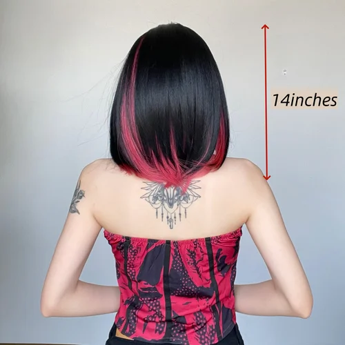 Imagen 2 del producto Peluca Bob recta corta Allbell Magique para mujer, peluca negra y roja con flequillo, peluca sintética de pelo rojo resistente al calor