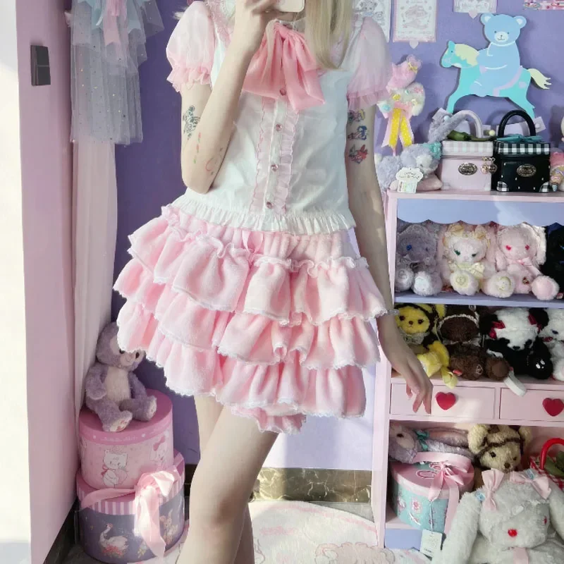 Pink Layered Ruffle Pumpkin Pants Y2k Sweet Lolita Bloomers Shorts Autumn Winter JK Plush Shorts Japanese Lantern Shorts