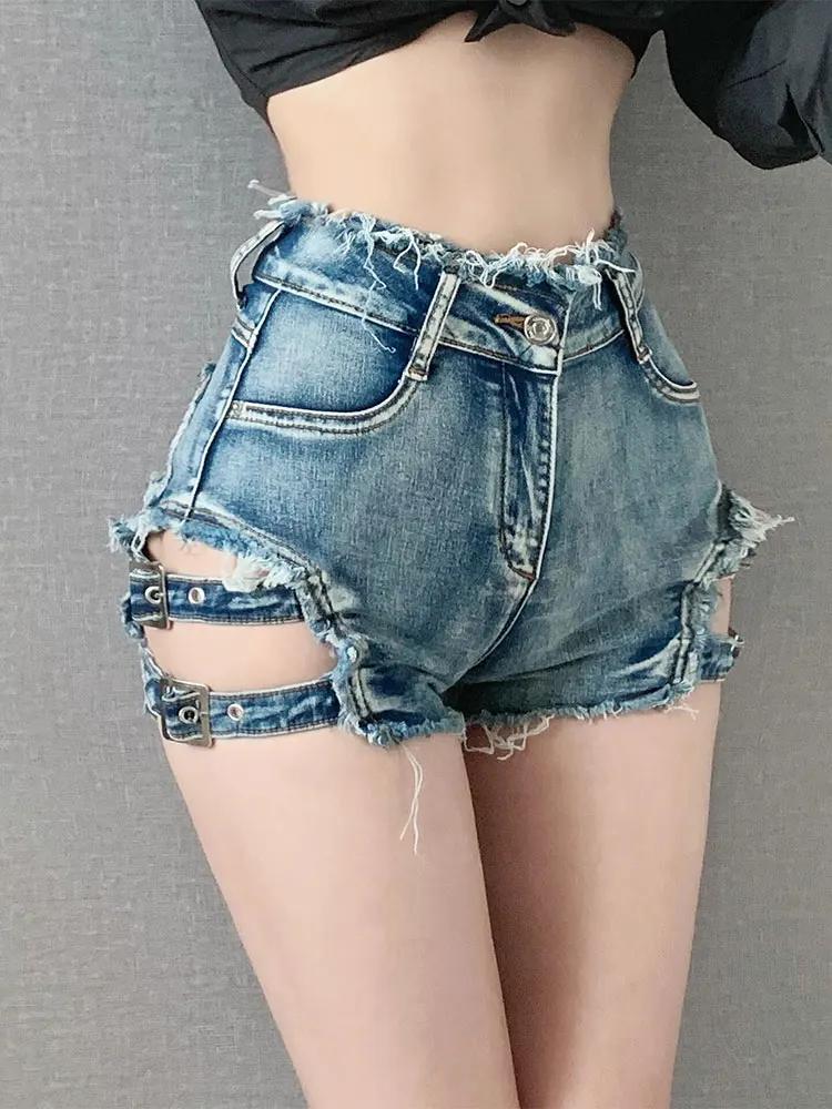 Hot Short Jeans High Waist Cotton Stretch Denim Sequin Splicing Hollow out Butt Covering Nightclub Women's Summer Design Side...