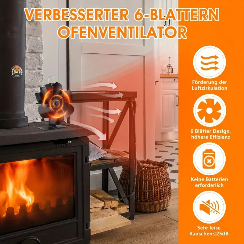 6-blade fireplace fan, efficient heat distribution - no electricity required, wood burner and fireplace, stove top protector