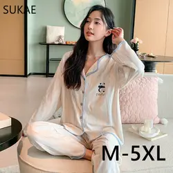 SUKAE M-5XL Autumn Winter Women's Sleepwear Home Clothes Cadigan Long Sleeves Pajamas Set Cute Cat Printed Lady Lapel Pijamas