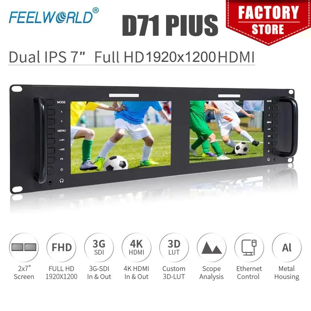 Feelworld D71 PIUS Dual 7 Inch 3RU IPS 1280 x 800 HDMI LCD Rack Mount Monitor Portable 2 Screens Broadcast Monitor Feelworld D71 PIUS Dual 7 Inch 3RU IPS 1280 x 800 HDMI LCD Rack Mount Monitor Portable 2 Screens Broadcast Monitor