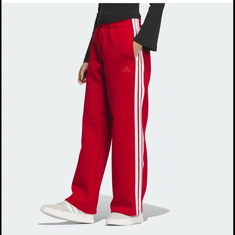 

Женские красные широкие спортивные брюки Adidas с белыми полосками, эластичной резинкой на талии, для повседневного и спорта