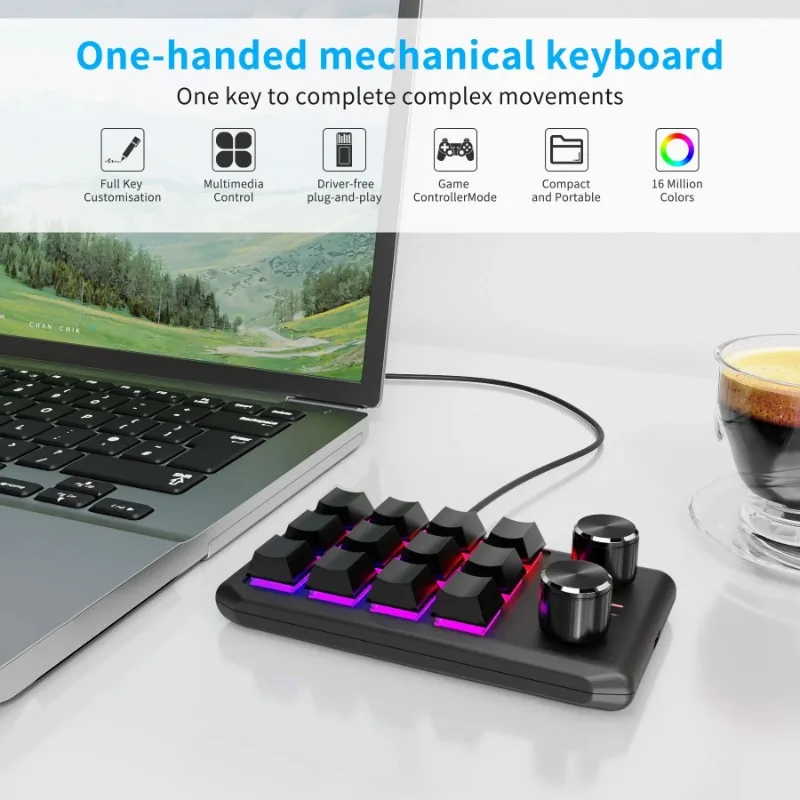 Macro Custom 2 Knob Bluetooth Keyboard, RGB, 12 Key, Mini Button, Gaming Keypad, Mecânica Hotswap Macropad, Ultra-fino