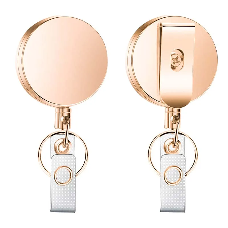 Rose Gold Belt Key Ring Metal Retractable Pull Badge Reel ID Lanyard Name Tag Card Badge Holder Reels Recoil Chain Clips