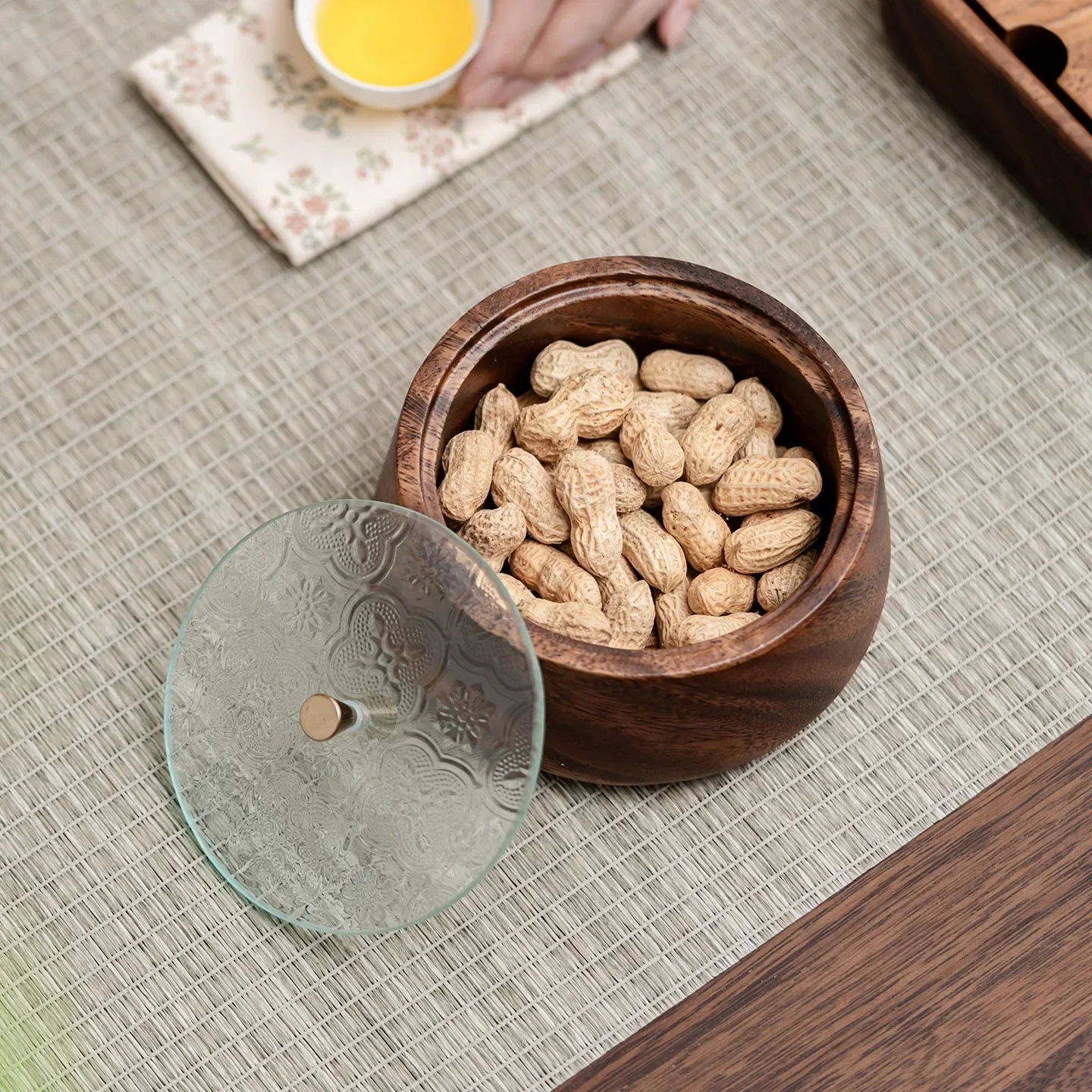 yesWood Storage Jar Embossed Glass Lid Candy Nut Container Multi-Purpose Wooden Canister For Tea Snack Dried Fruit Home Kitchen