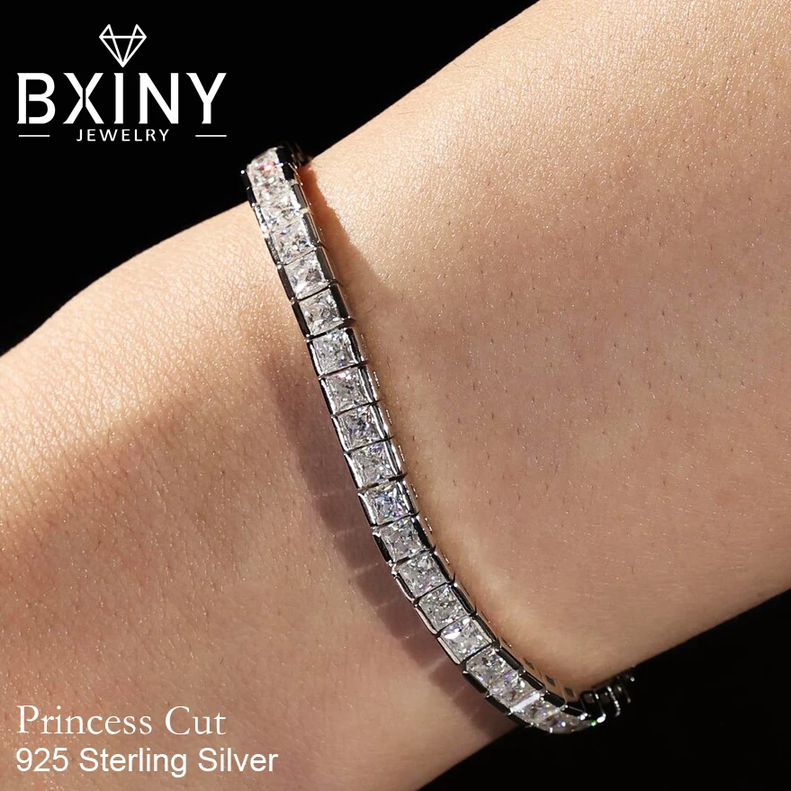

BXINY Princess Cut High Carbon Tennis Bracelets 925 Sterling Silver Square Zircon Diamond for Women Hand Chain Gift Fine Jewelry