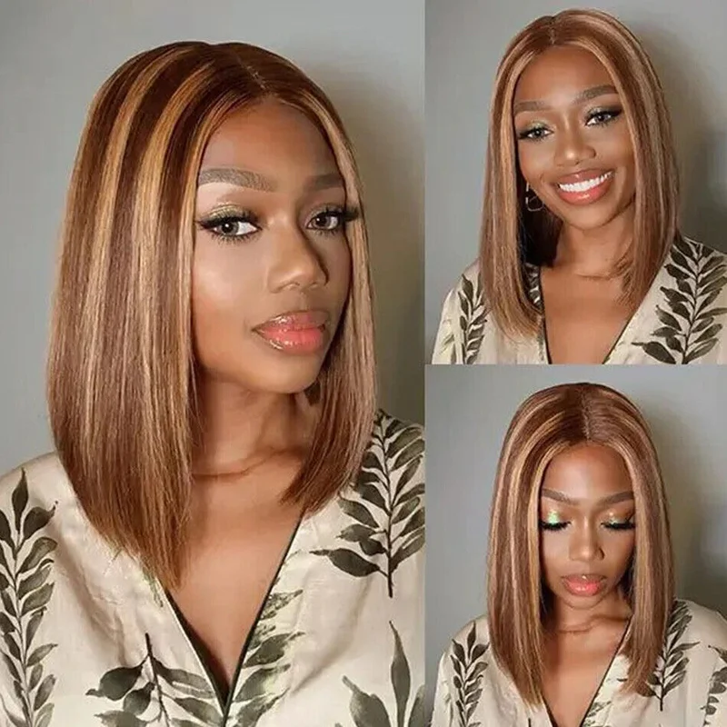 Brown Blonde Highlight Bob Wig Straight Lace Front  Hair Wig Remy Glueless