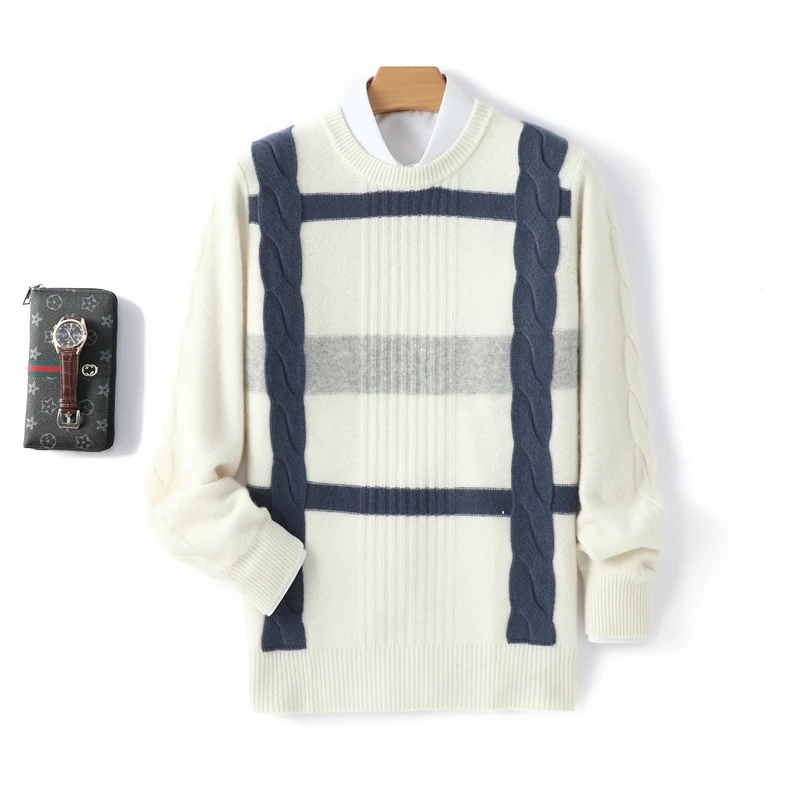 

Autumn Winter Men Wool Sweater O-neck Pullovers Thick 100% Merino Wool Knitwear Twist Flower Long Sleeve Cashmere Clothing Top