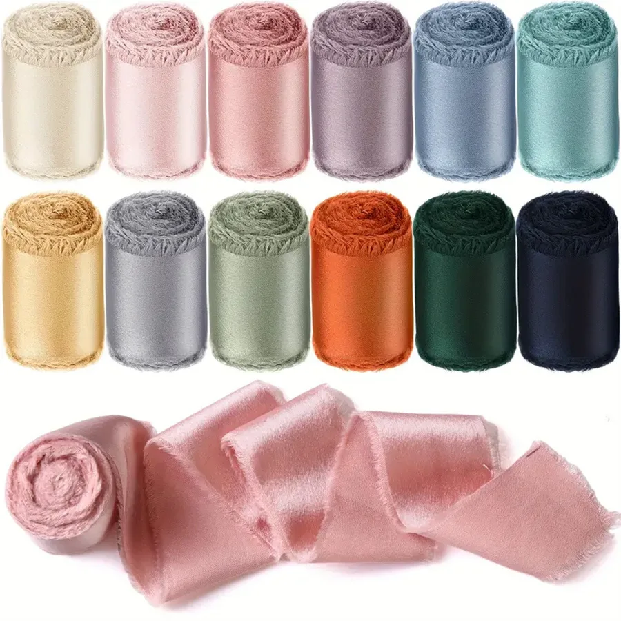 1 Roll 5 yards Frayed Edged Satin Handmade Smooth Soft Ribbon For Wedding Invitation Bouquets Birthday Party DIY Decoration Gift