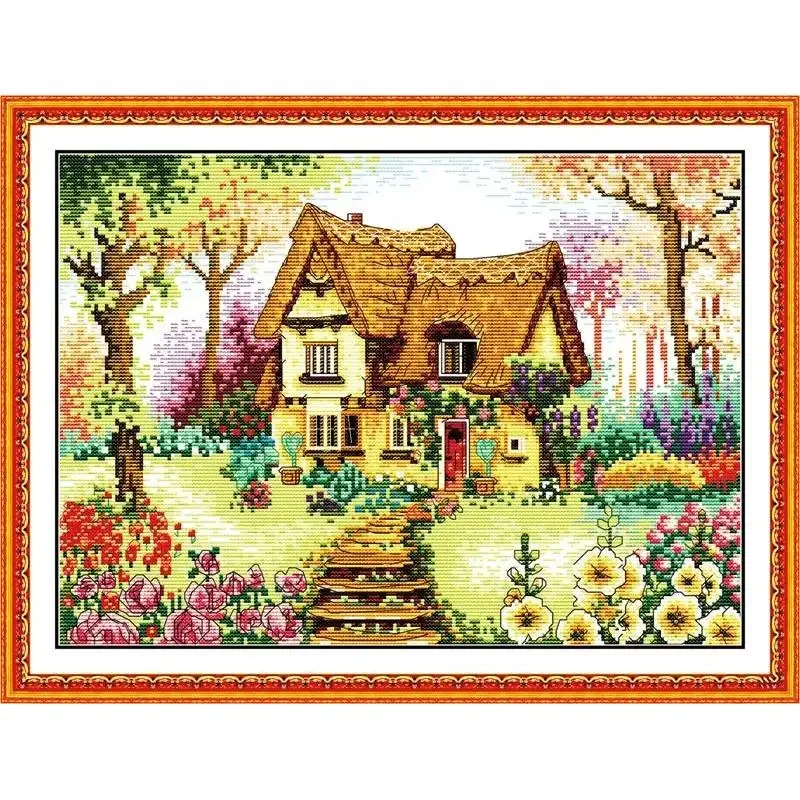 Joy Sunday News Printed Cross Stitch Kit  Easy Pattern Aida  Stamped Fabric with DMC Threads Embroidery Set-A Country Cabin