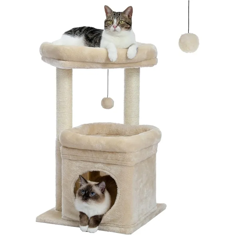 

PEQULTI Cat Tree Cat Tower for Indoor Cats with Private Cozy Cat Condo, Natural Sisal Scratching Posts and Plush Pom-pom for Sma