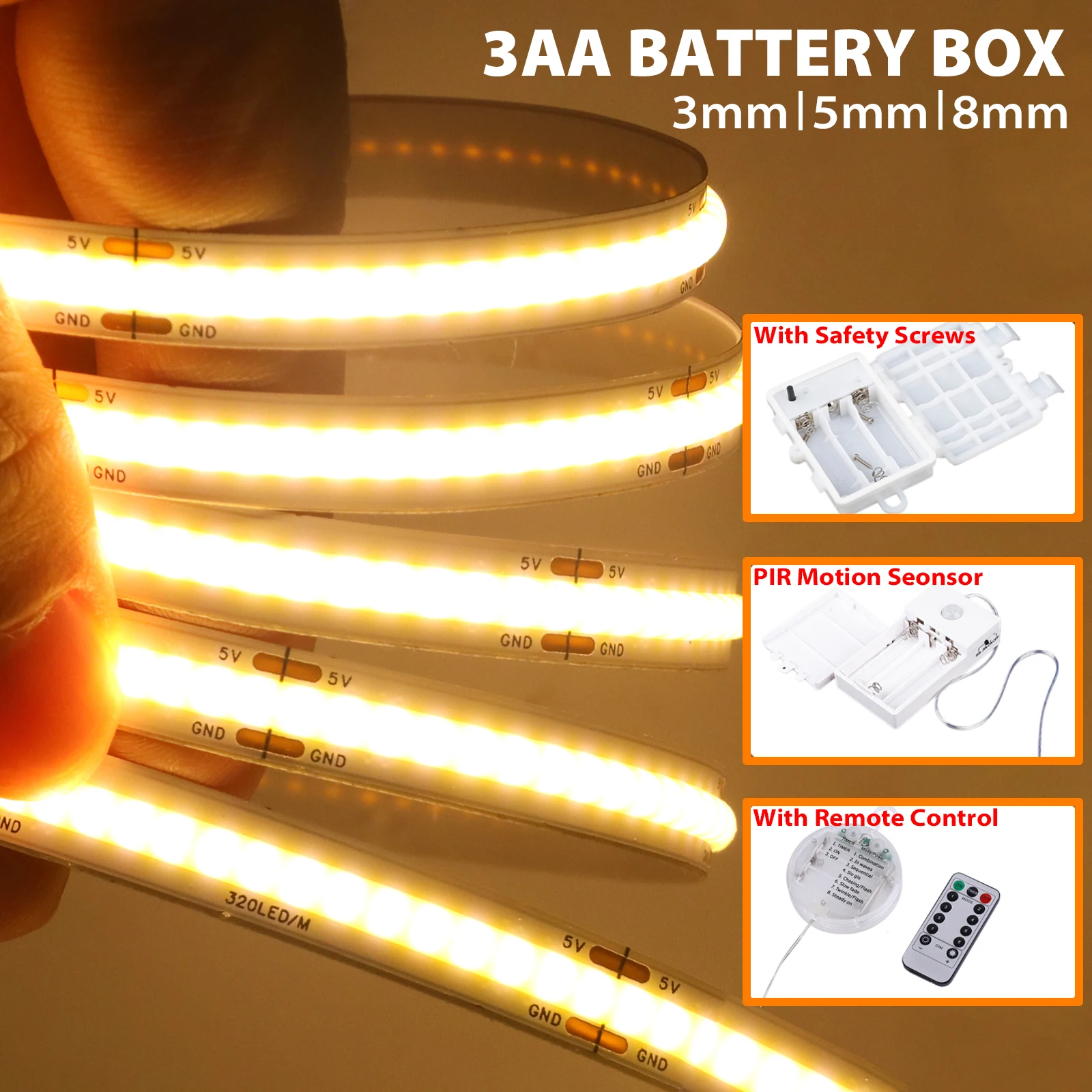 

3AA Battery Box 5V COB Led Strip 3mm 5mm 8mm PCB 320 LEDs/m Warm Natural White Flexible Light Tape for Bedroom Cabinet Lighting