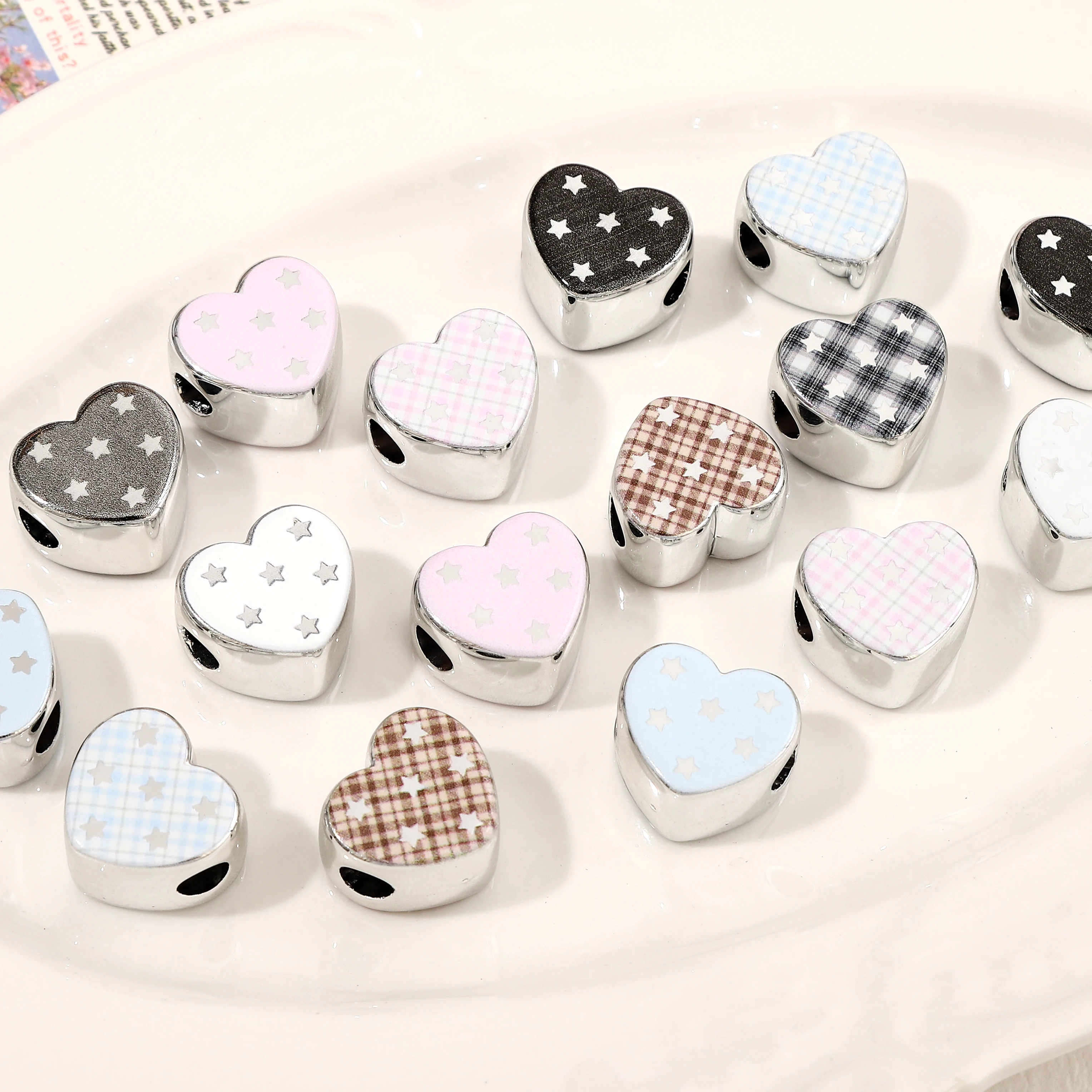 3/9Pcs Plated Acrylic Heart Large Hole Beads Star Pattern Beads for DIY Bracelet Necklace Keychain Craft Jewelry Making Supplies