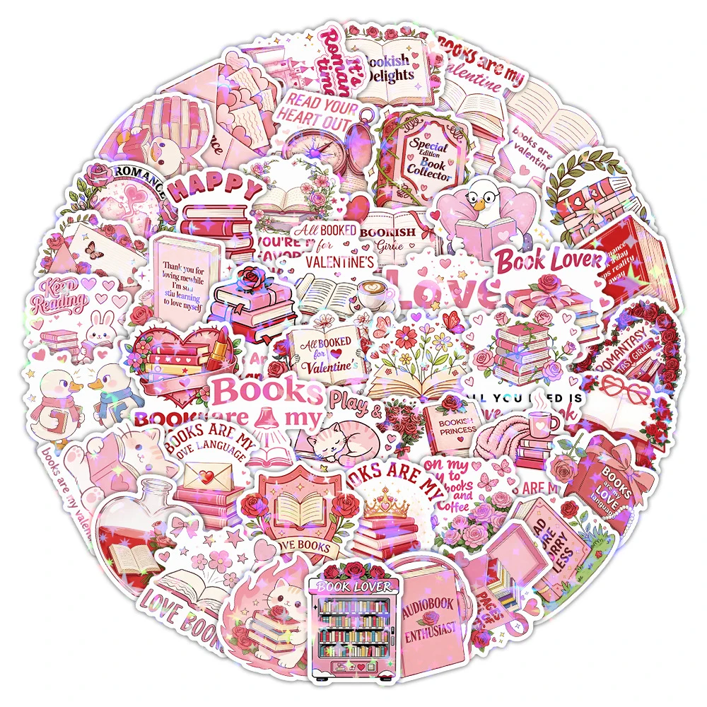 10/30/50pcs Holographic Laser Valentine's Day Theme Stickers Cute Pink Bookish Decals DIY Phone Helmet Aesthetic Cartoon Sticker