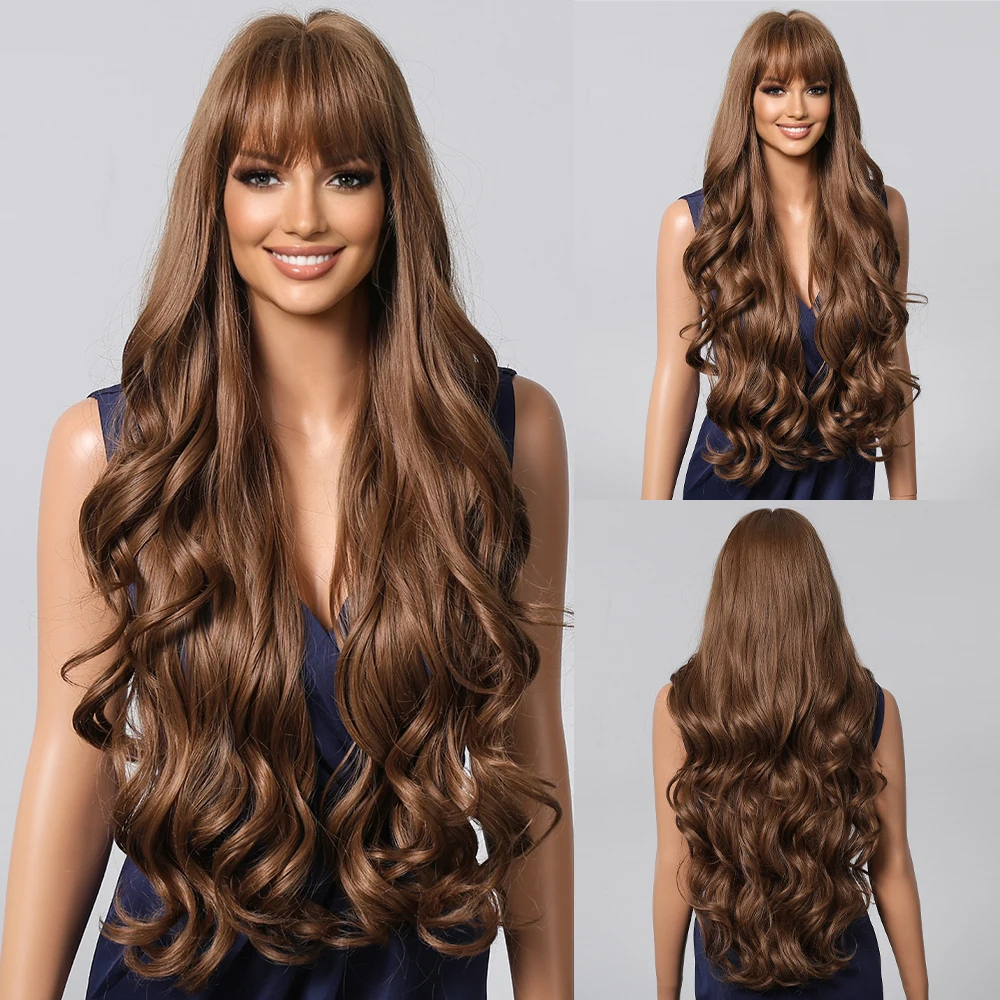 

Long Wavy Light Brown Wig with Full Bangs for Women Synthetic Hair Heat Resistant Fiber Realistic Daily Wear Cosplay Party Use